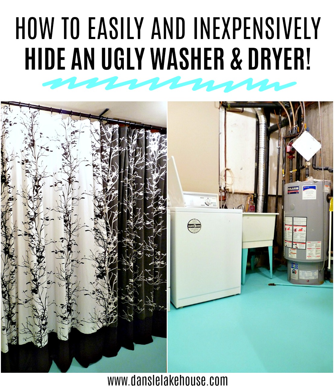 How to Hide an Ugly Washer and Dryer with an Upcyled Curtain. Budget-Friendly Laundry Room Makeover Idea! #laundroom #upcycle #savingmoney #budgethomedecor