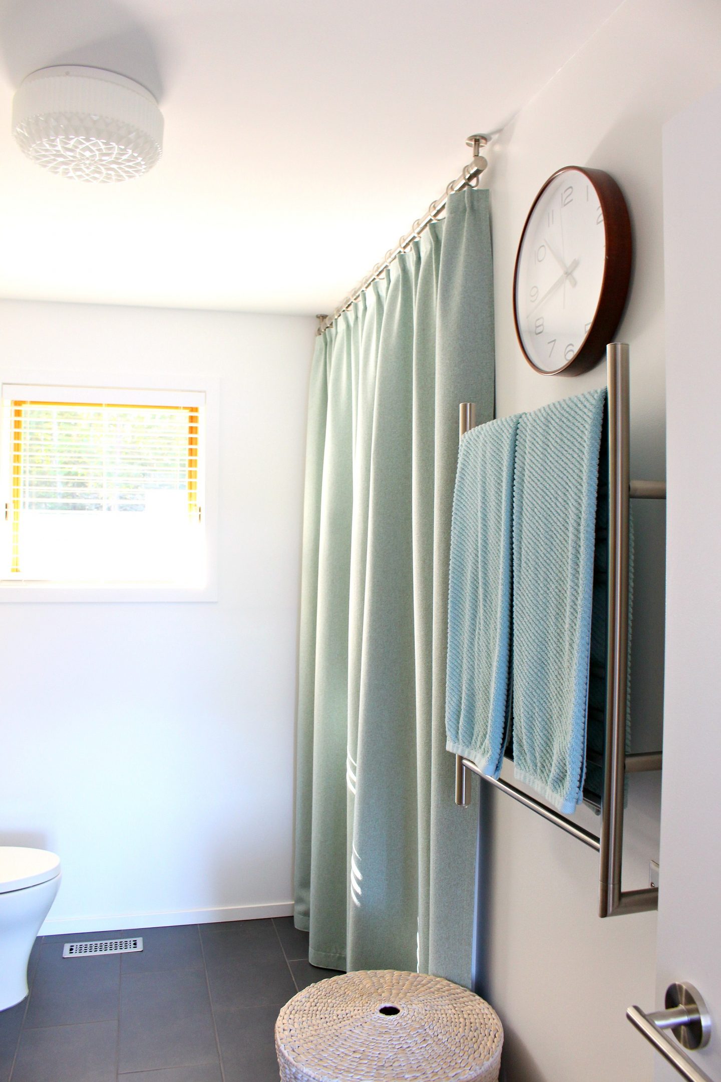 Bathroom Update Ceiling Mounted Shower Curtain Rod Turquoise Tweed Pleated Shower Curtain Dans Le Lakehouse