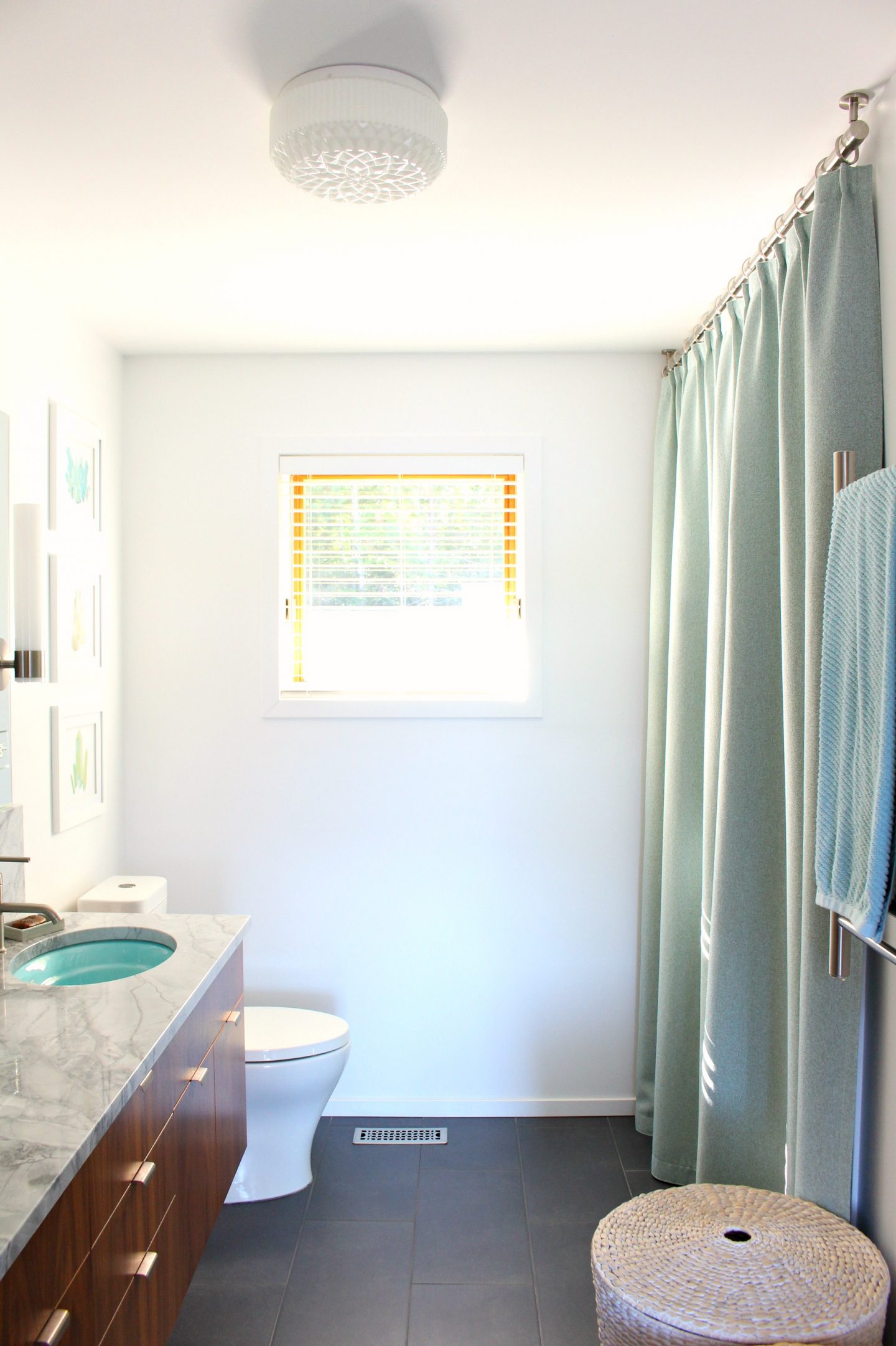 Bathroom Update: Ceiling Mounted Shower Curtain Rod + Turquoise Tweed Pleated Shower Curtain