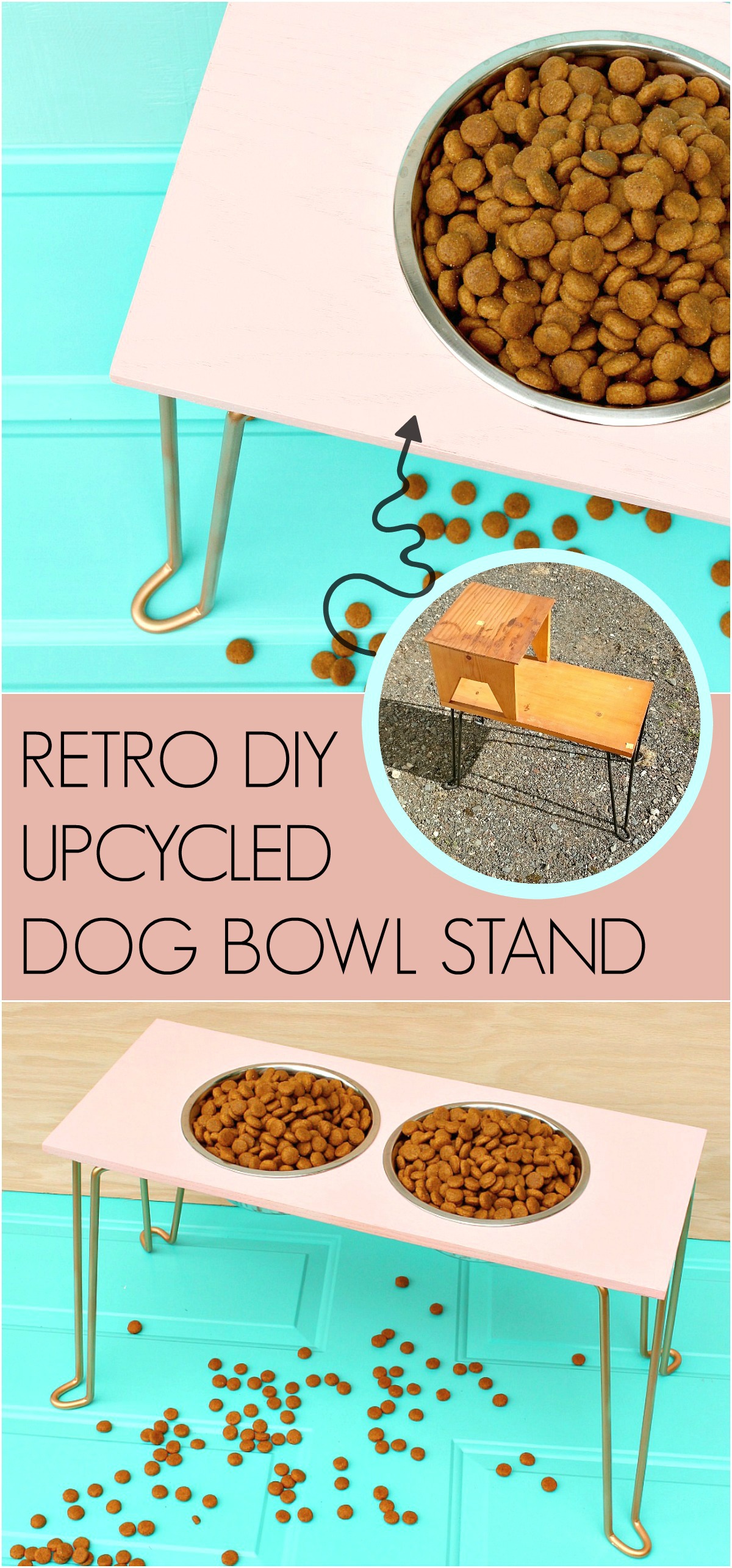 DIY dog bowl stand with hairpin legs