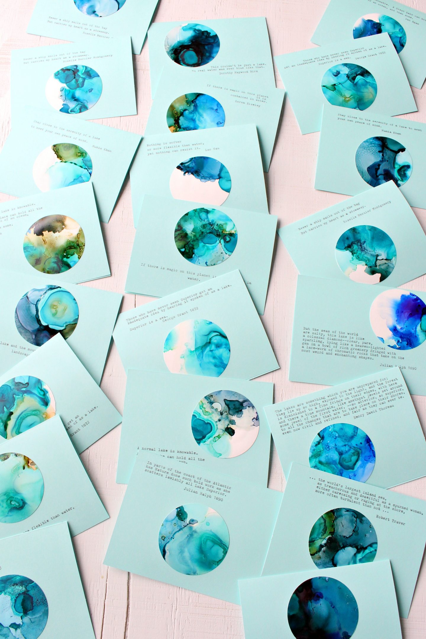 DIY Alcohol Ink Note Cards with Swirling Blues and Greens