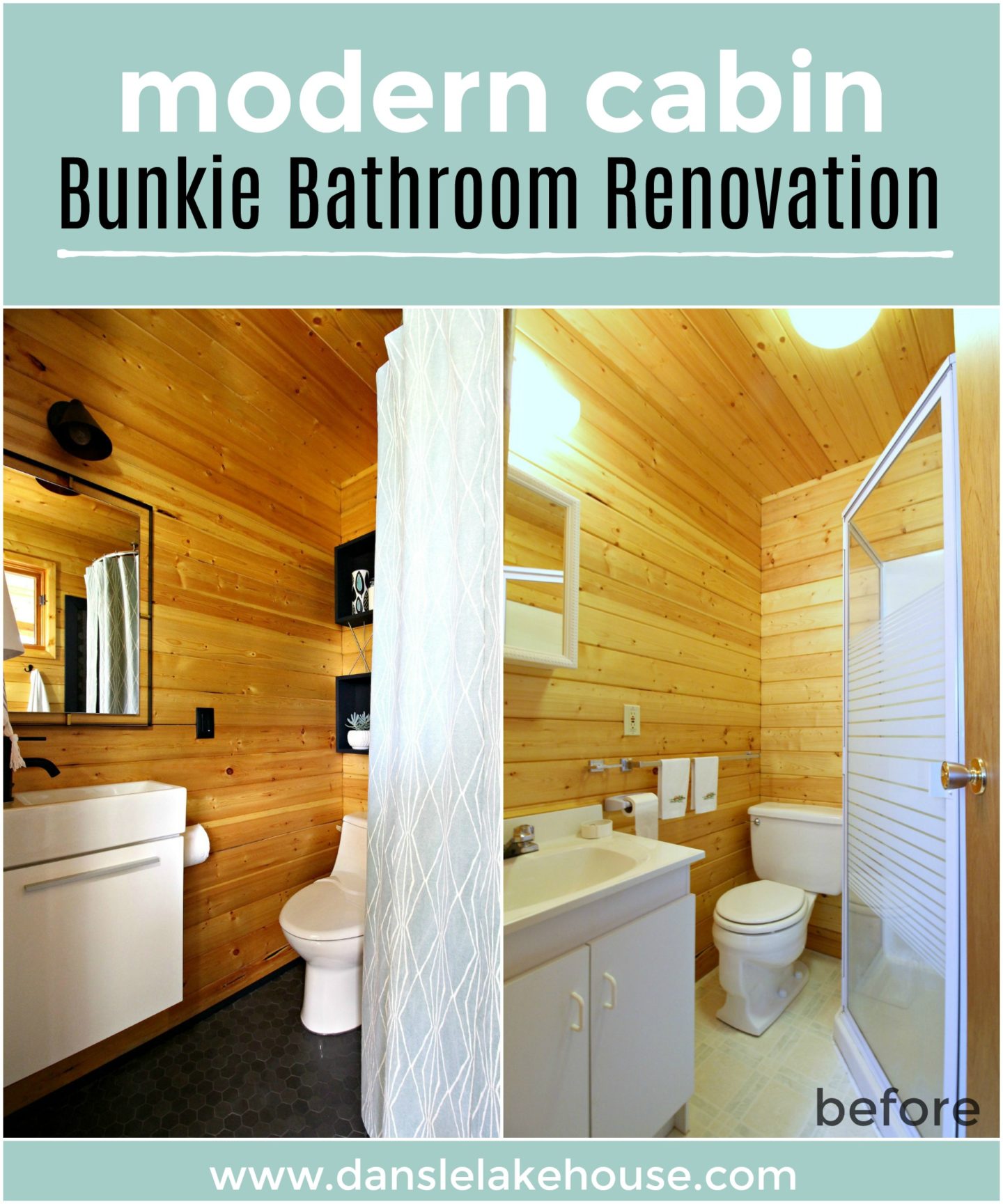 Modern Cabin Bunkie Bathroom Renovation with Stock Tank Shower and Pine Walls