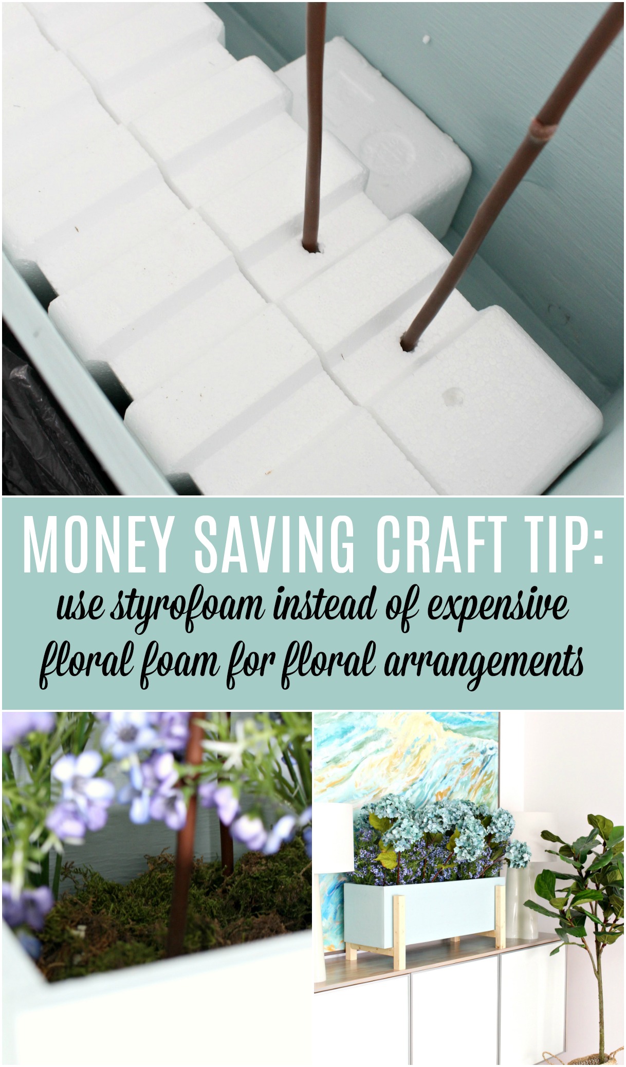 Money Saving Craft Tip: Use Styrofoam Instead of Expensive Floral Foam and Then Cover with Dollar Store Moss - Great Upcycle Idea! Save Money on Crafts, and Help the Planet Too! #savingmoney #moneysavingcrafts #moneysavingtips #crafttips #floralarrangement