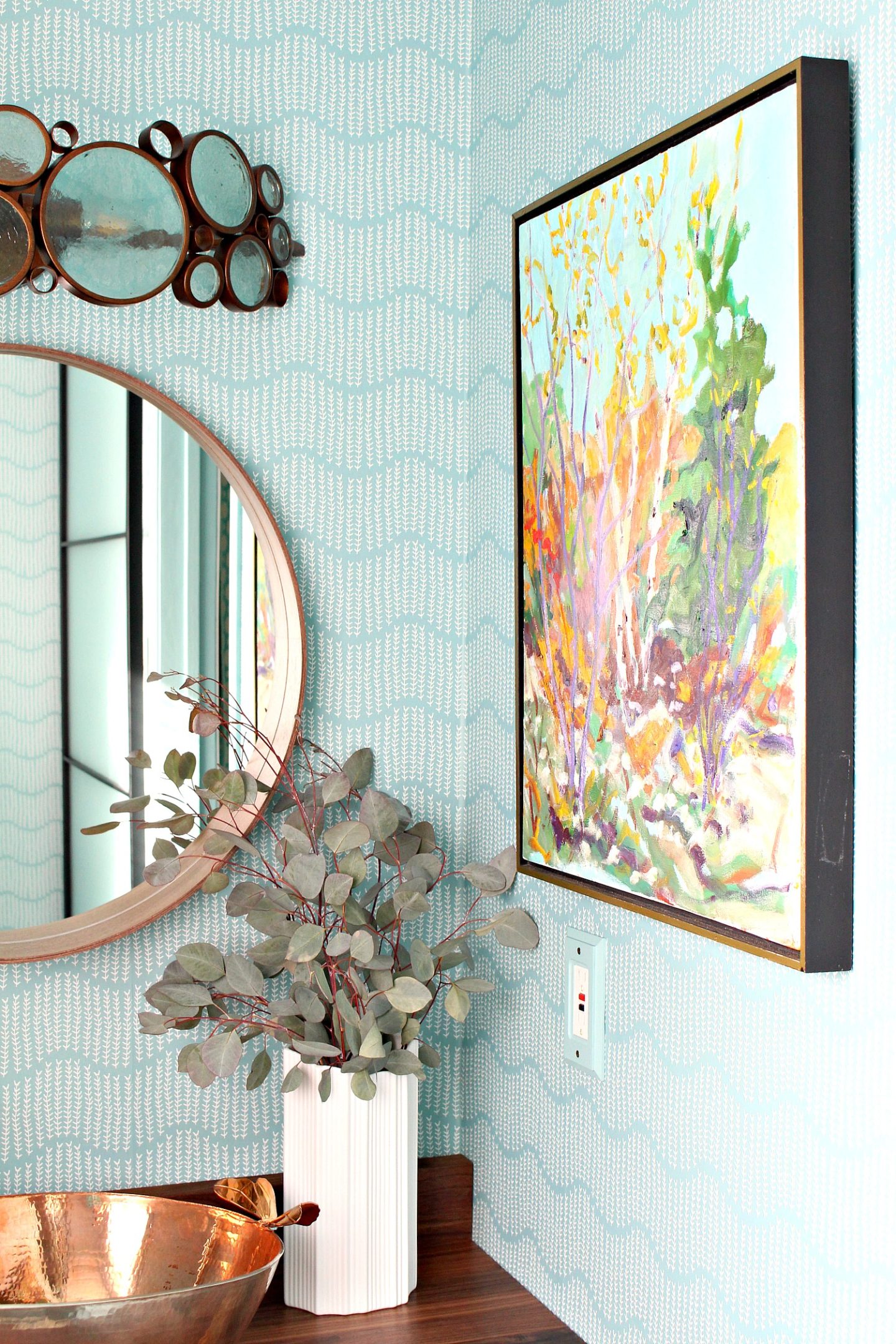 Turquoise and Copper Powder Room Makeover REVEAL | Handmade Copper Sink, Sprigs on Ocean Wallpaper, Walnut Counters, Colorful DIY Bathroom Makeover Before + After