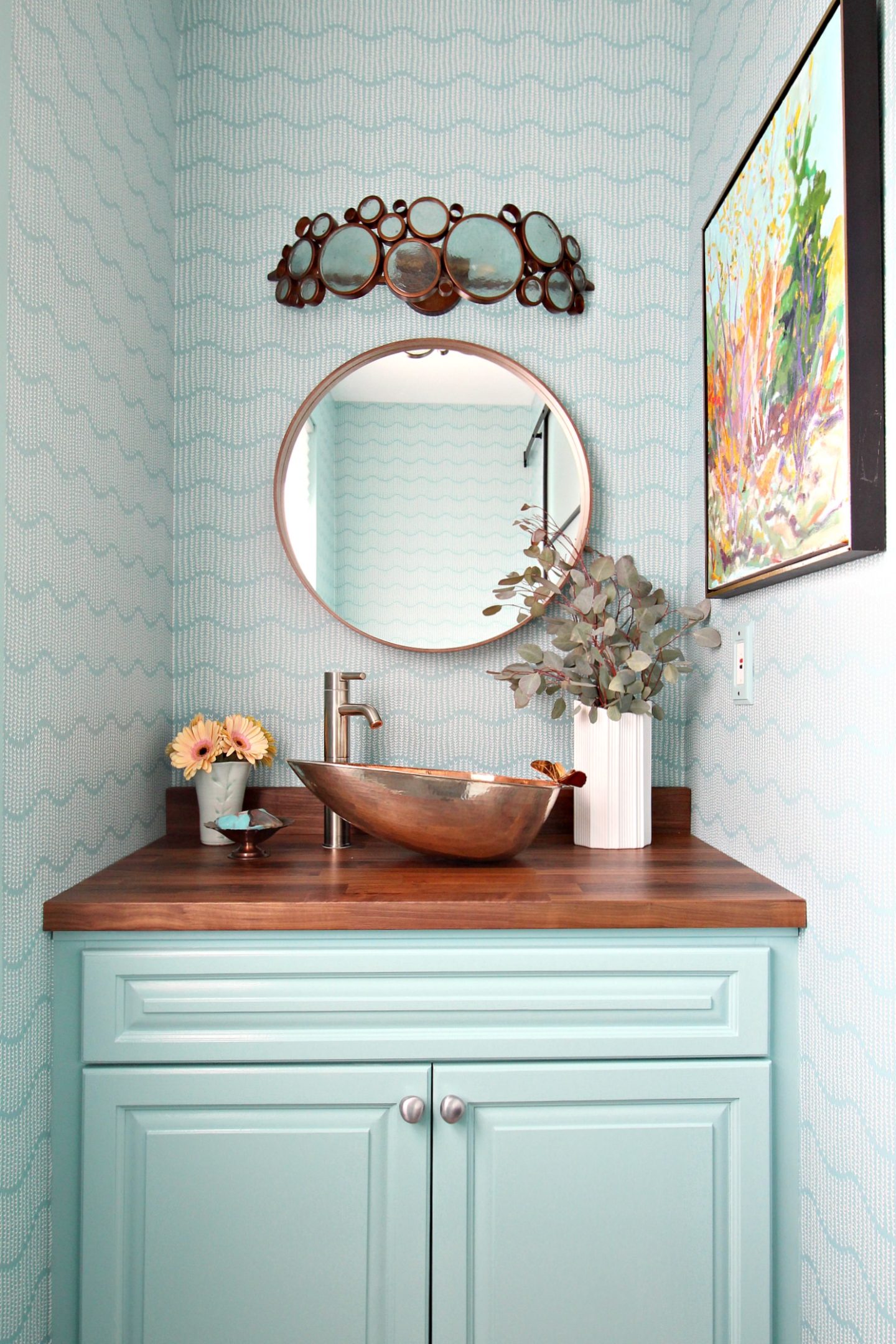 Turquoise and Copper Powder Room Makeover REVEAL | Handmade Copper Sink, Sprigs on Ocean Wallpaper, Walnut Counters, Colorful DIY Bathroom Makeover Before + After