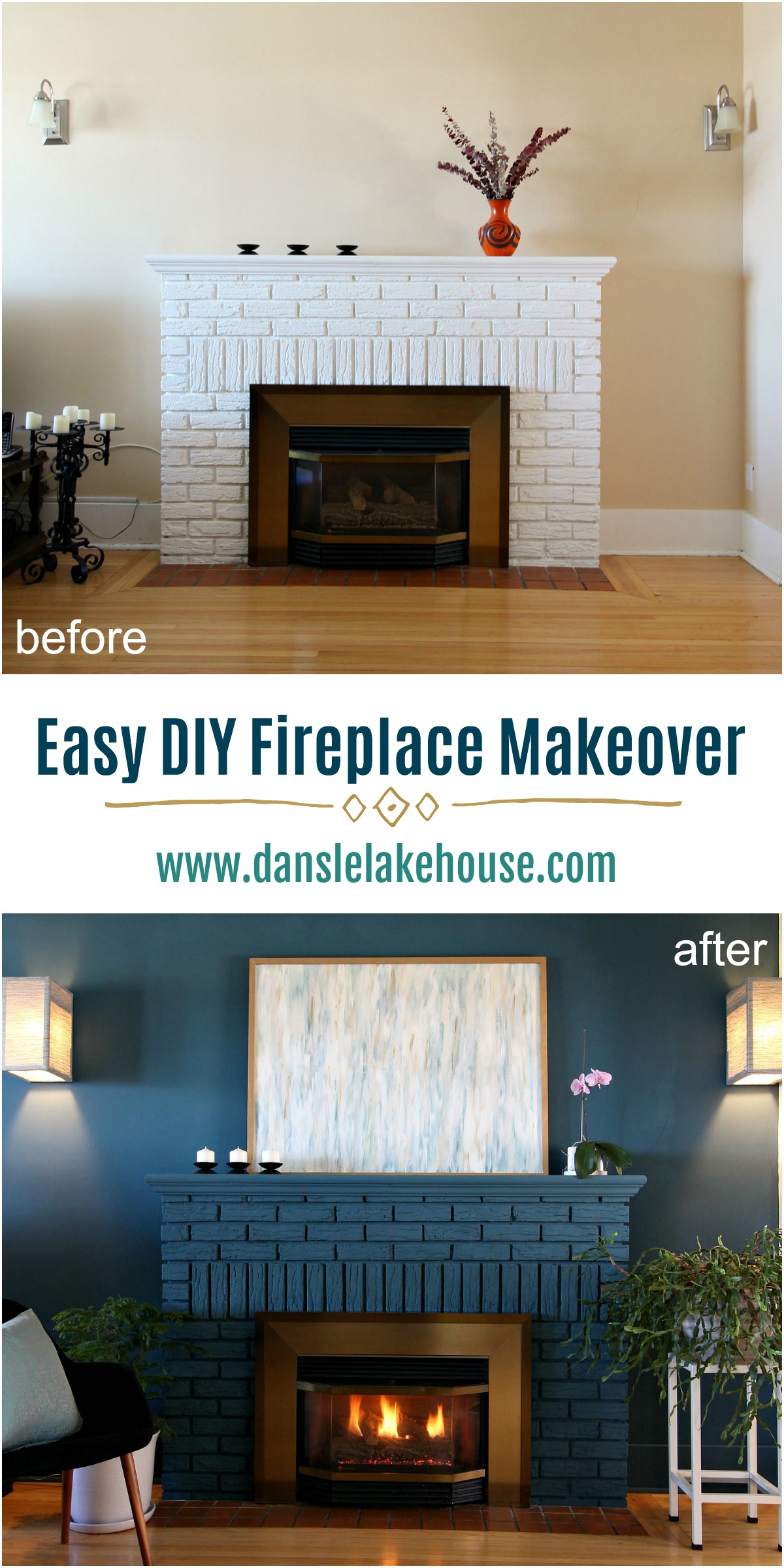 Bold Blue Painted Fireplace Makeover Using Chalk Paint