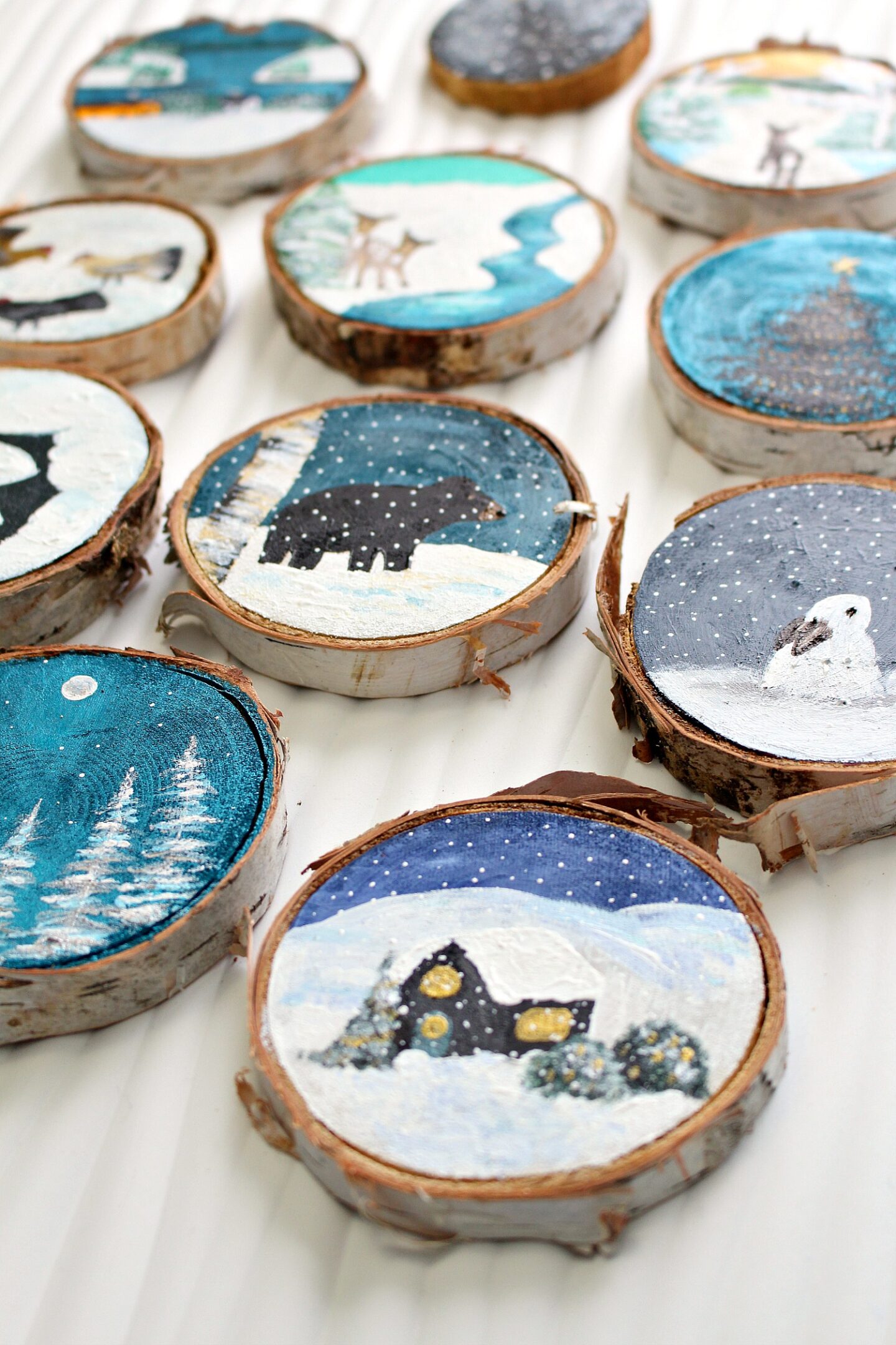 DIY Painted Birch Slice Ornaments (Inspired by Maud Lewis)