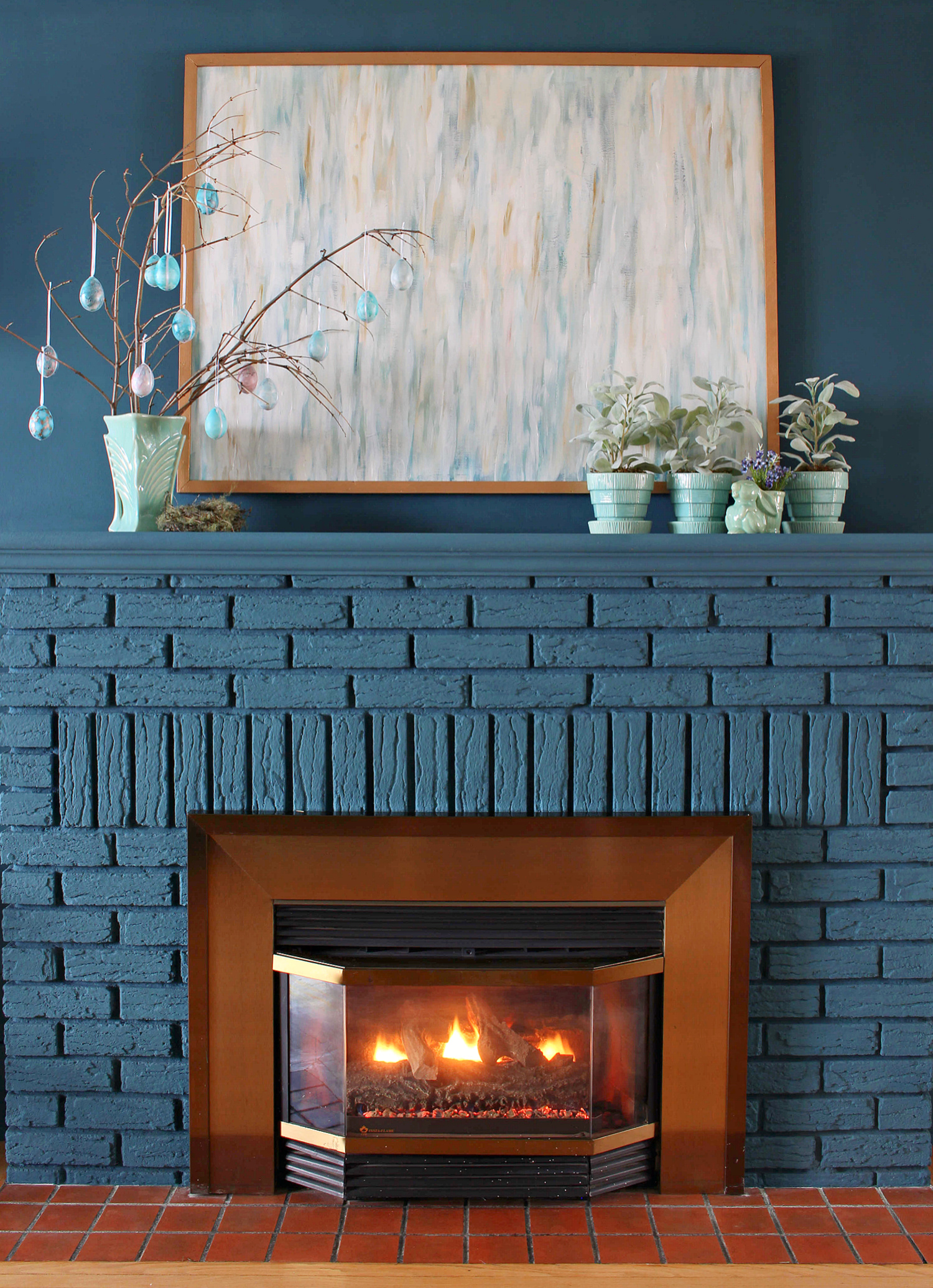 Blue Fireplace Decorated for Spring