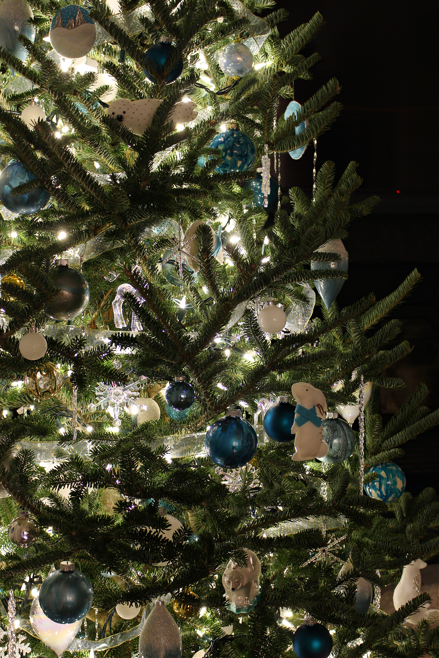 Aqua and White Christmas Tree at Night